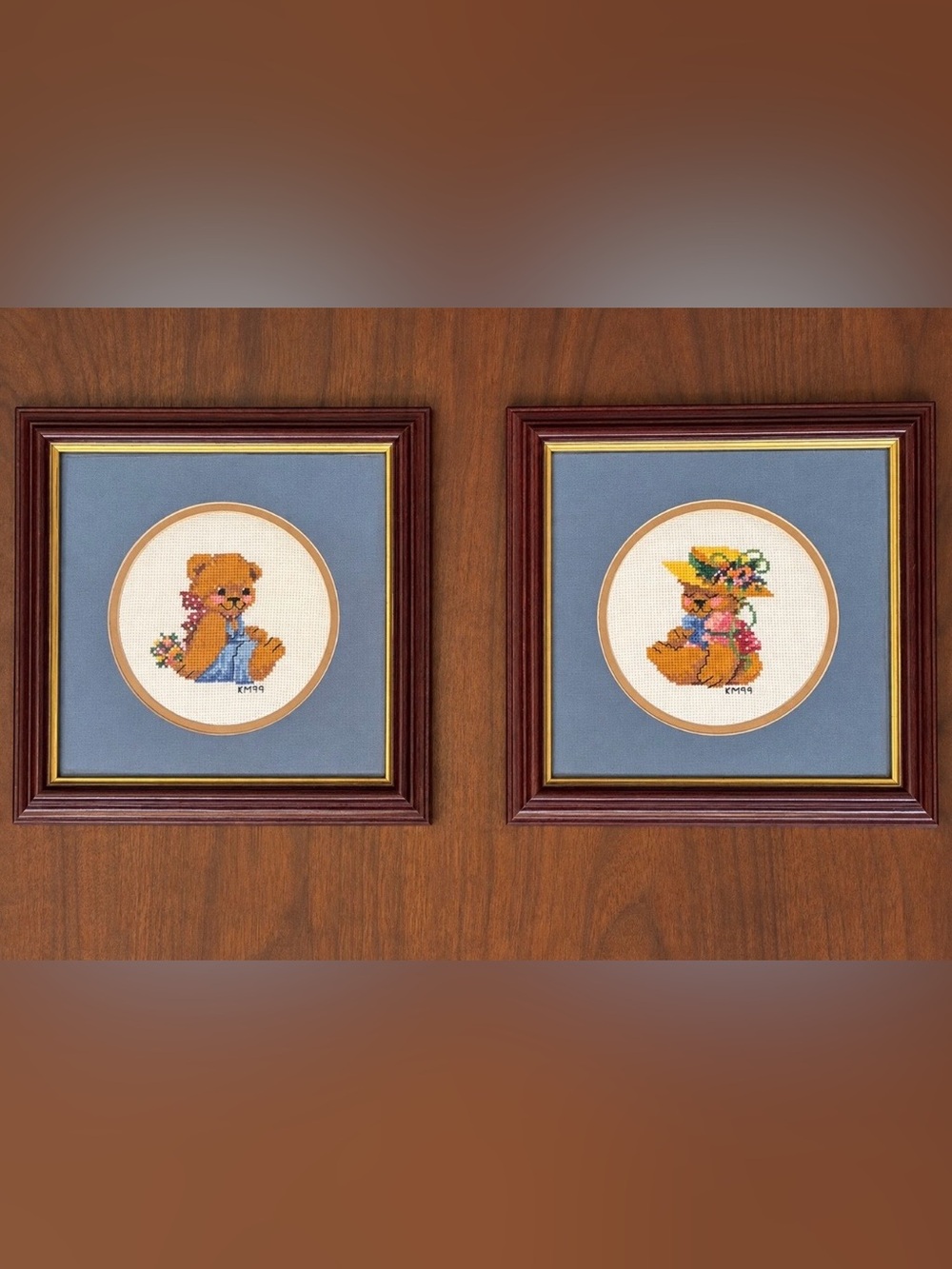 Handmade Needlepoint Teddy Bear Framed Wall Art Pair 1999 Signed Blue Mat 10x10